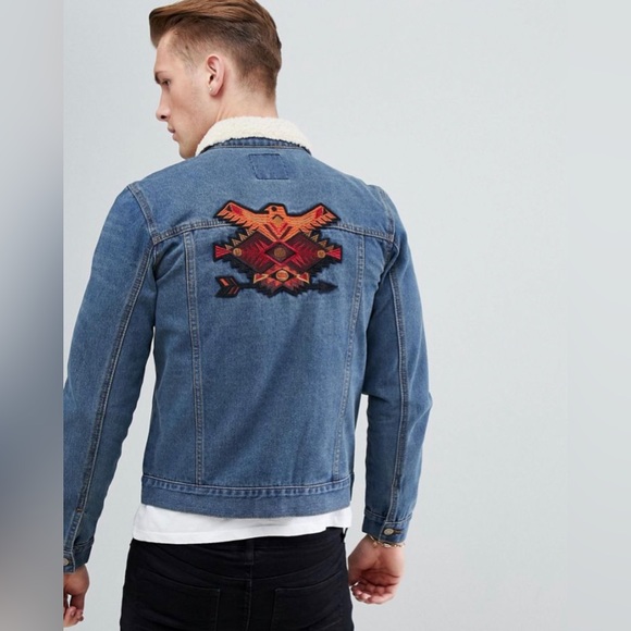 BooHoo Man Denim Jacket Button Up Sherpa Collar Trucker Aztez Medium embroidered - Picture 4 of 5